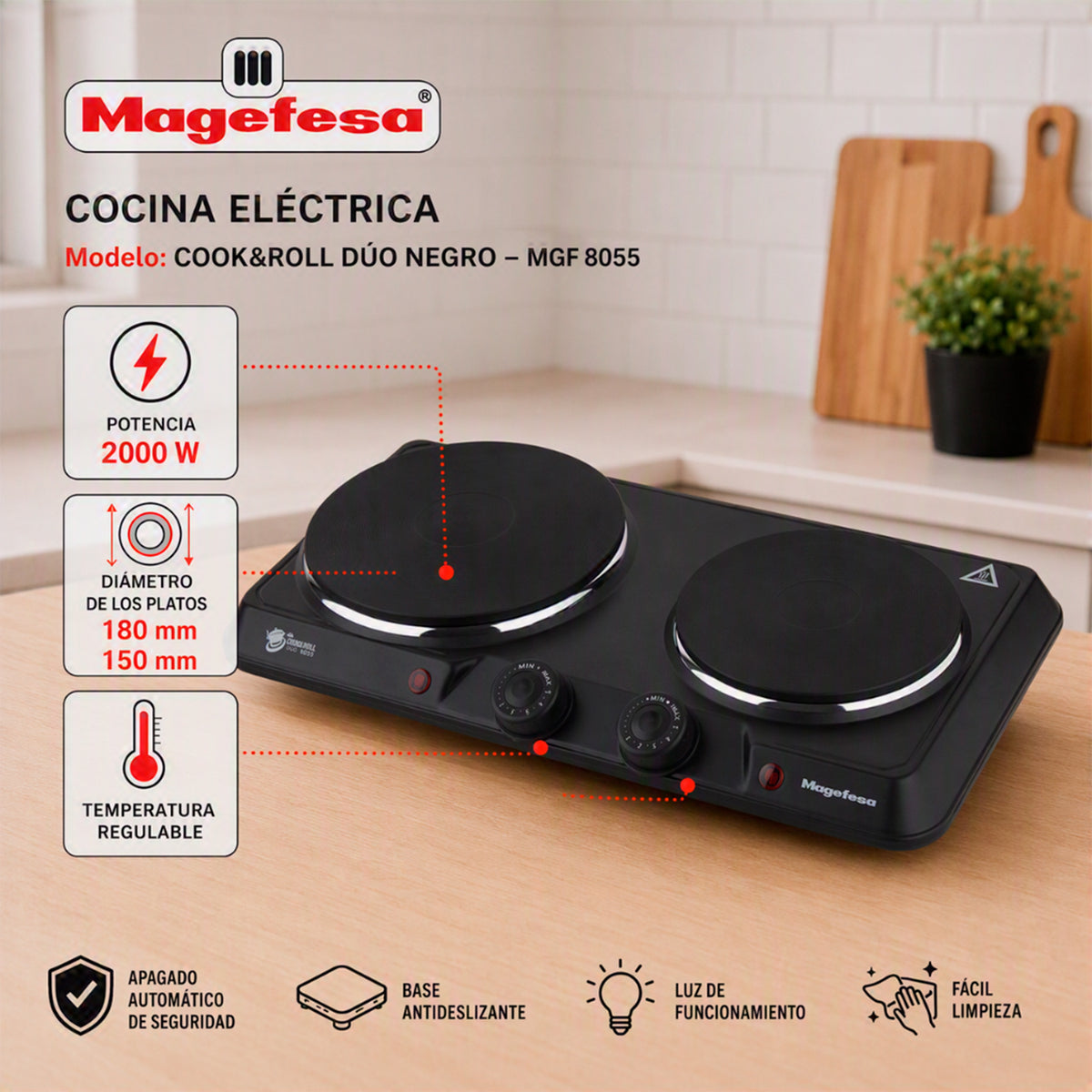 Cocina Electrica Encimera Magefesa 2 Platos 2000W Negra