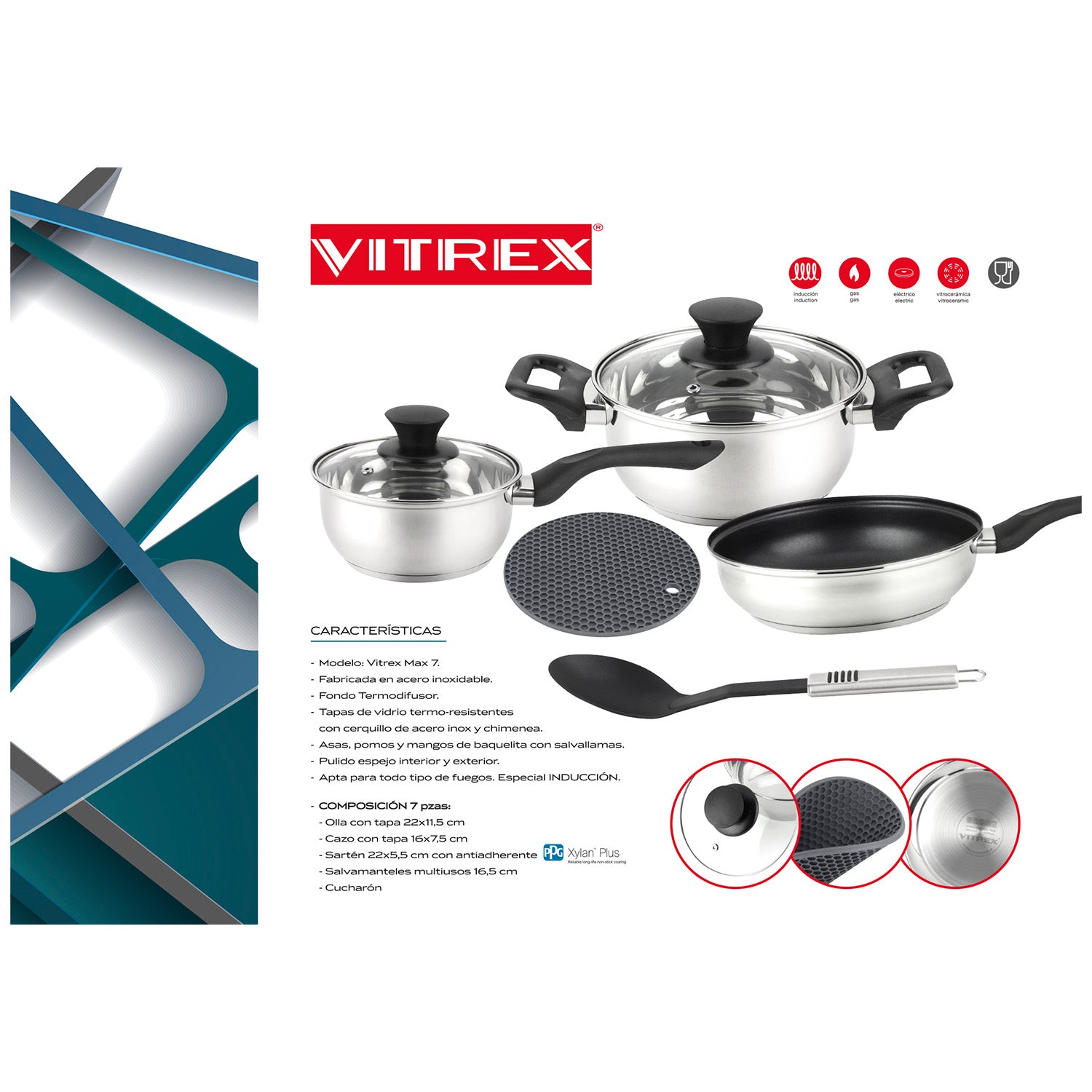 Bateria De Cocina Acero Inoxidable 7 piezas Vitrex