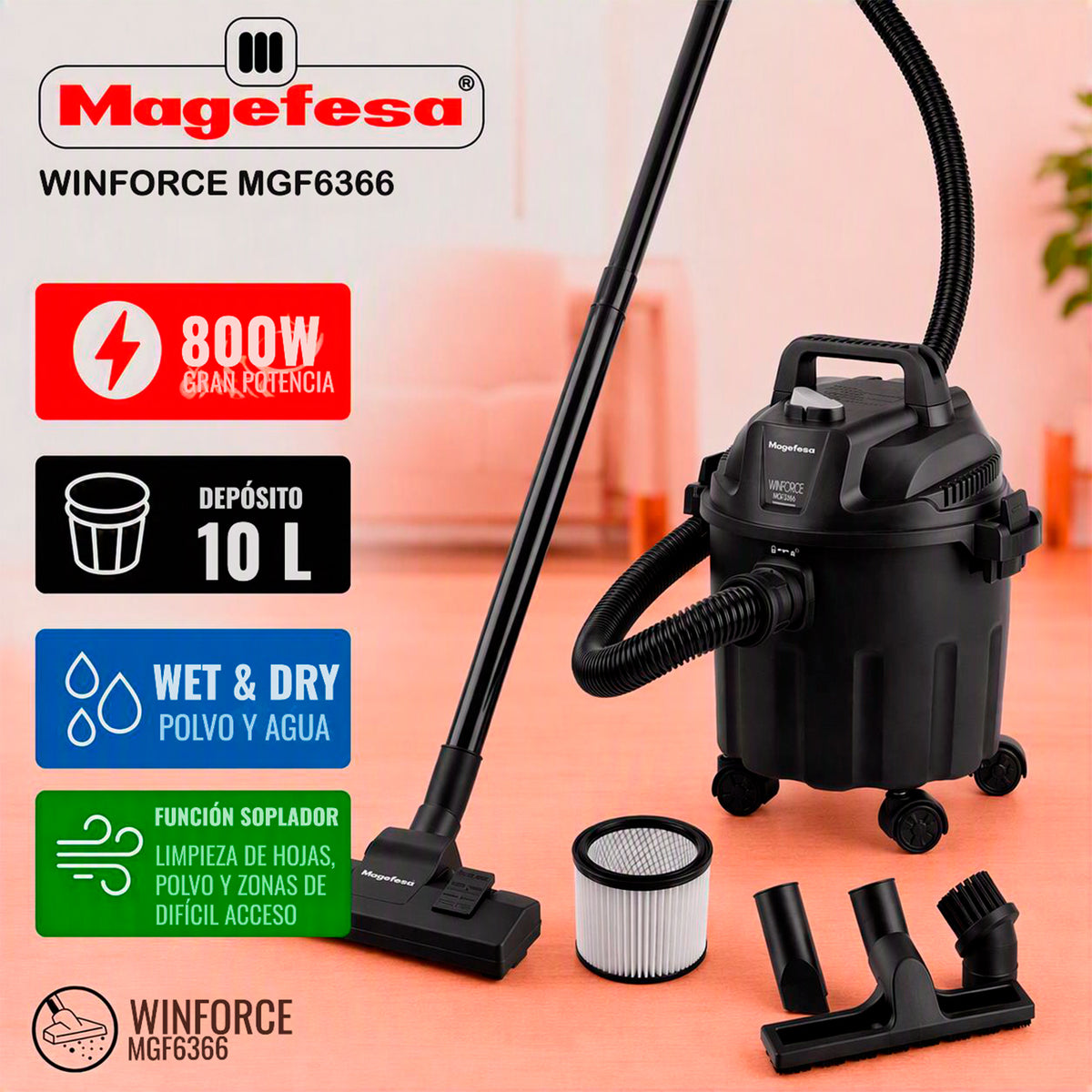 Aspiradora y Sopladora polvo/agua 10L Magefesa 800W