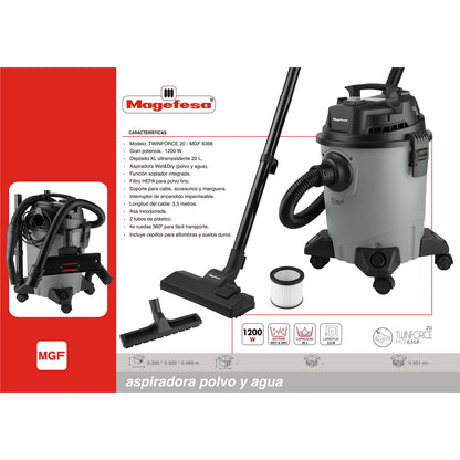 Aspiradora polvo/agua 20L Magefesa 1200W Twinforce MGF6368