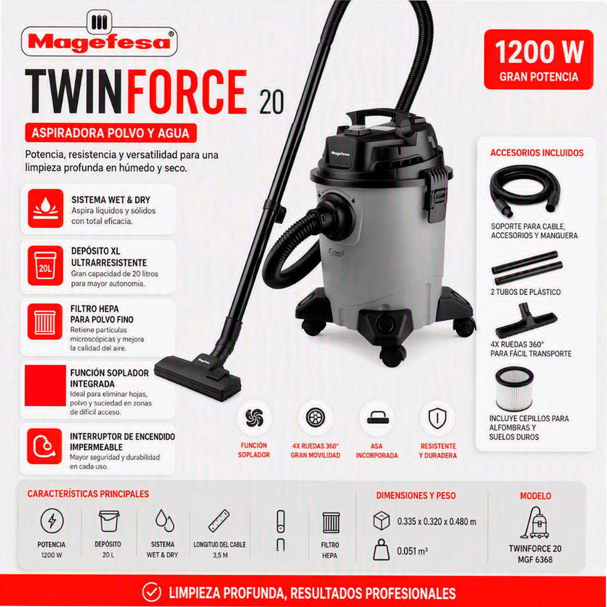 Aspiradora polvo/agua 20L Magefesa 1200W Twinforce MGF6368