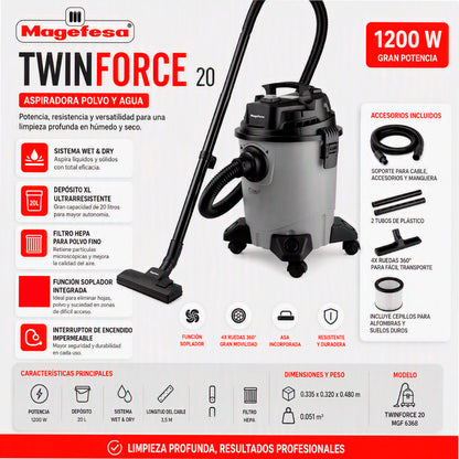 Aspiradora polvo/agua 20L Magefesa 1200W Twinforce MGF6368
