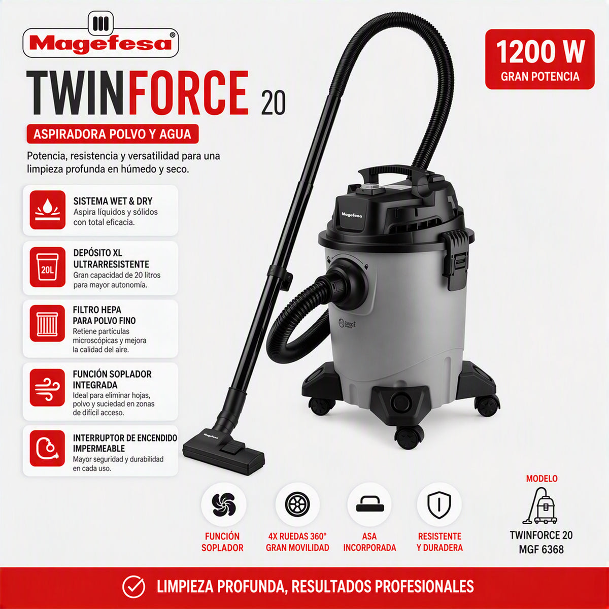 Aspiradora y Sopladora polvo/agua 20L Magefesa 1200W