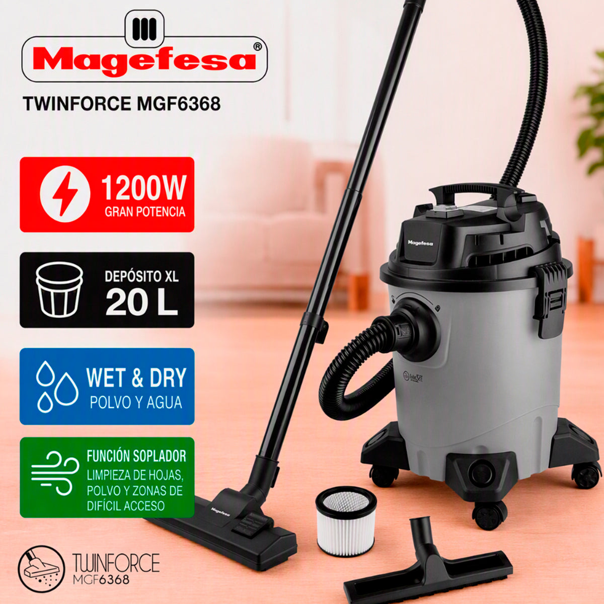 Aspiradora polvo/agua 20L Magefesa 1200W Twinforce MGF6368