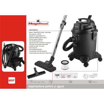 Aspiradora polvo/agua 20L Magefesa 1200W Twinforce MGF6369
