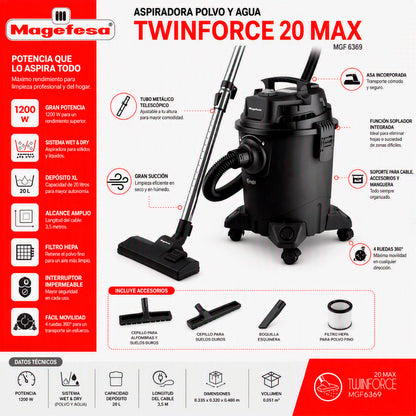 Aspiradora polvo/agua 20L Magefesa 1200W Twinforce MGF6369