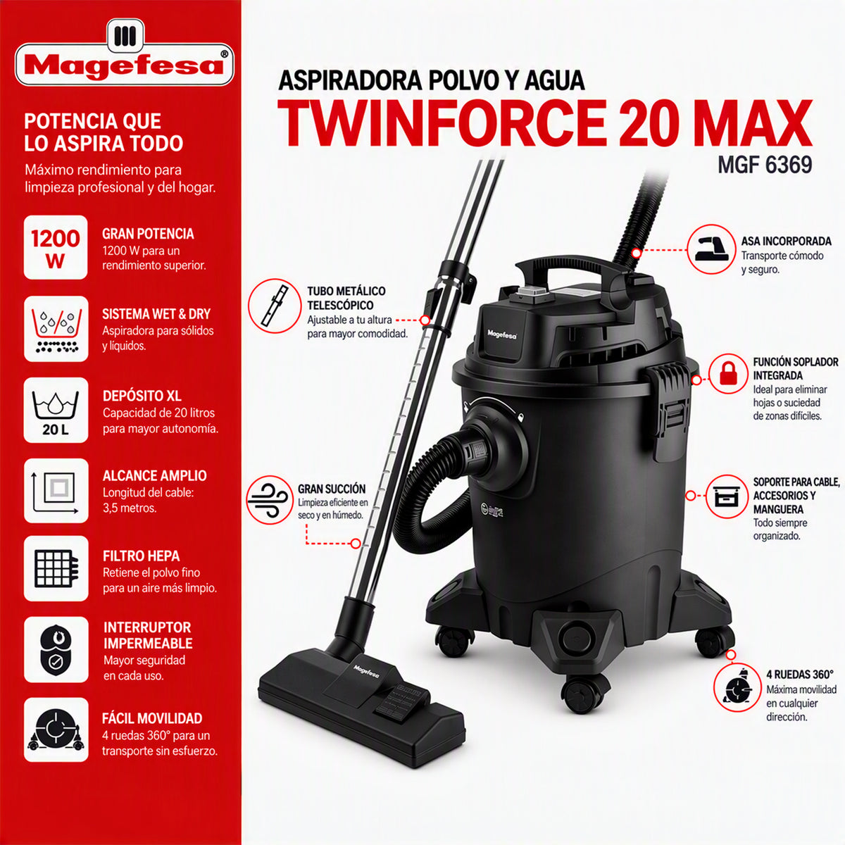 Aspiradora y Sopladora polvo/agua 20L Magefesa 1200W