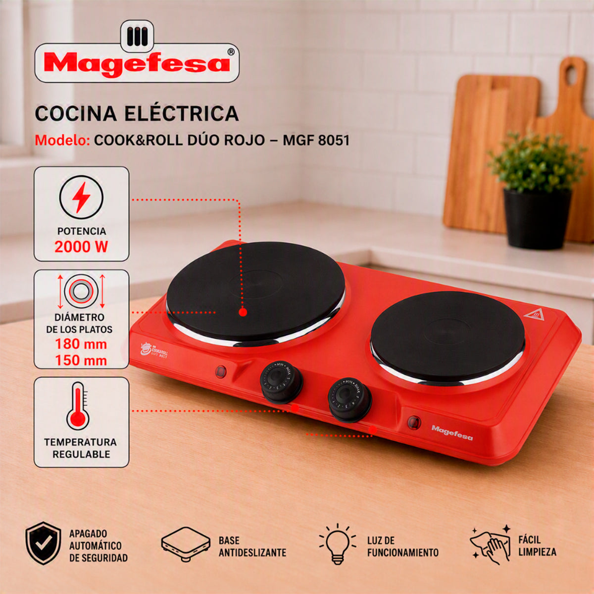 Cocina Electrica Encimera Magefesa 2 Platos 2000W Roja