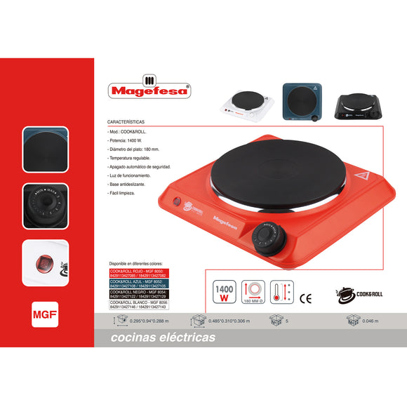 Cocina Electrica Encimera 1 Plato 1400W Roja