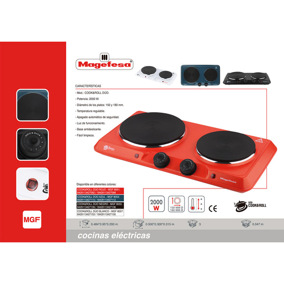 Cocina Electrica Encimera 2 Plato 2000W Roja