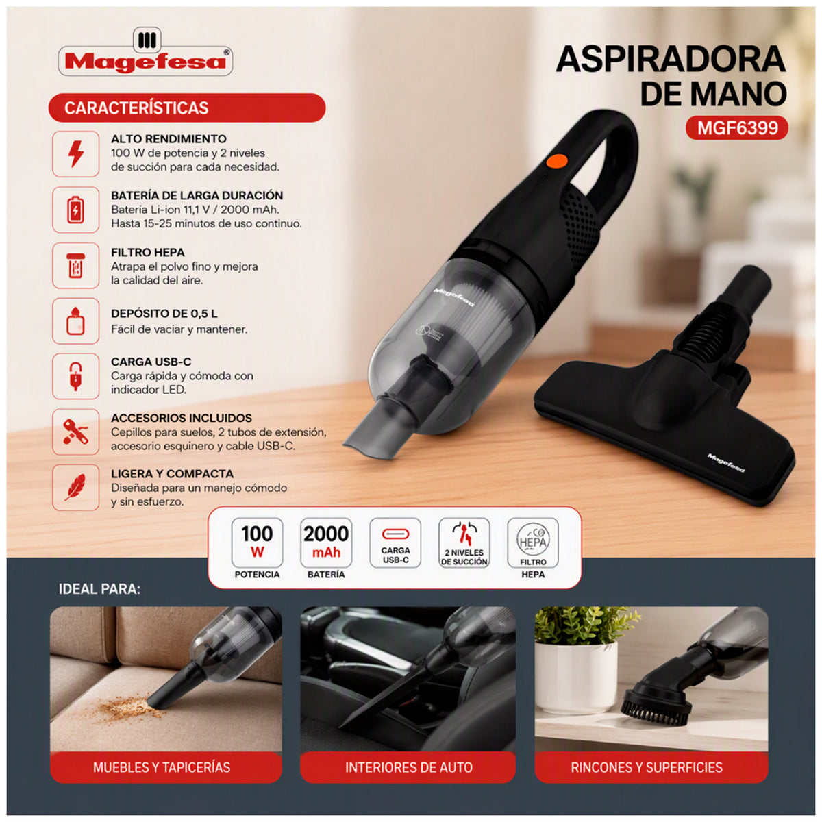 Aspiradora de mano inálambrica Magefesa 100W